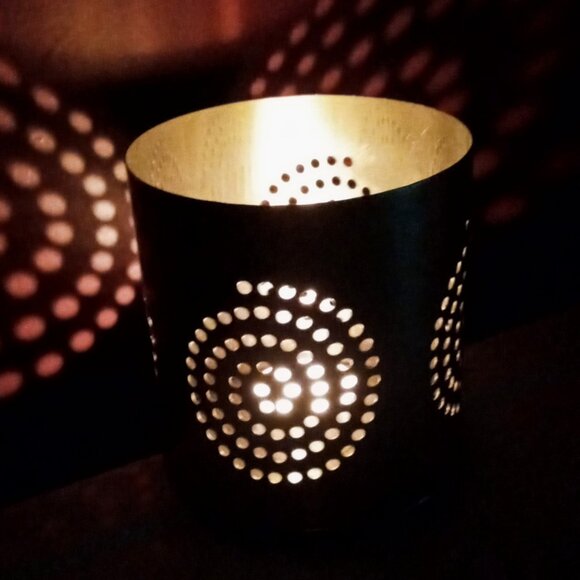 Artsy Silver Metal Cylindrical Candle Holder w/Punched holes in Spiral Designs - Picture 4 of 9